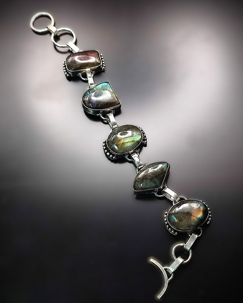 无保留价 非常漂亮 一流品质拉长石手工925银手链 - 手镯 #1.0