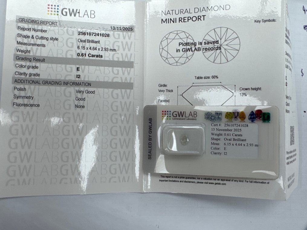 Utan reservationspris - 1 pcs Diamant (Natural) - 0.61 ct - Oval - E - I2 - Gemewizard Gemological Laboratory (GWLab) #1.0