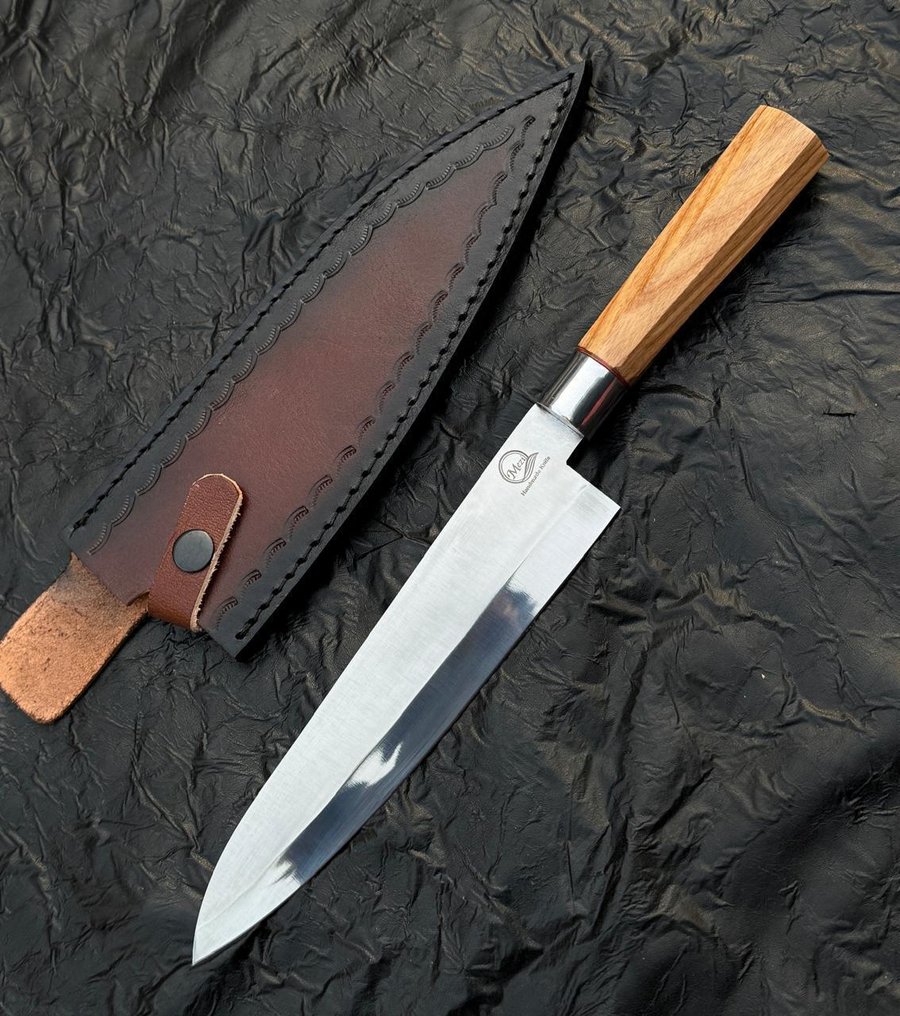 厨刀 -  厨房刀 - 不锈钢12c27厨师刀，银色护罩，山核桃木柄 - 亚洲 - 木头 - 亚洲 #1.0