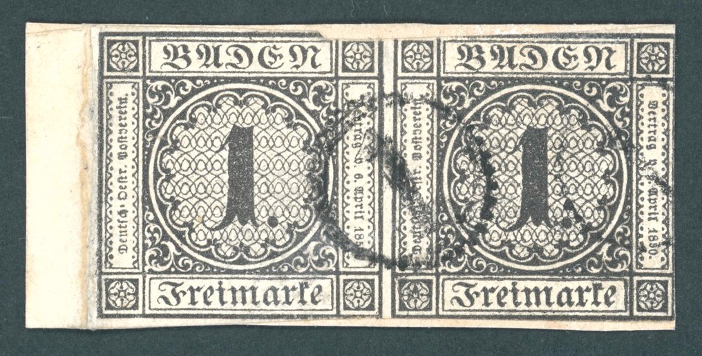 Baden 1853 - Item piece with a pair, 1 Kr black on white, cancelled with a clock wheel postmark, 1 Mi. No. 5 - Paar Mi.Nr. 5 #1.0