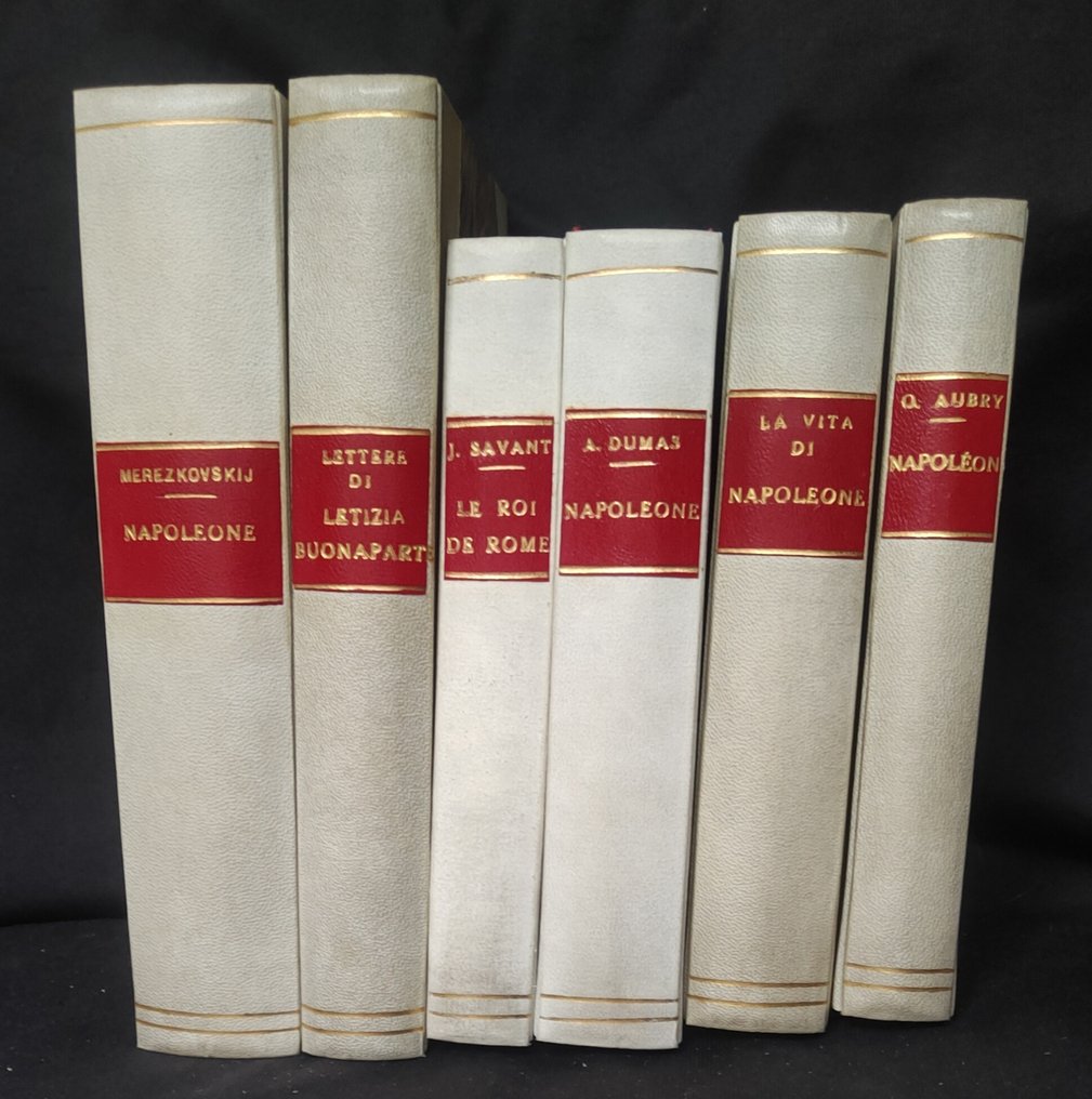 Savant, Aubry, Dumas, Bonaparte Napoleone e Letizia, Merezkovskij - Lotto di 6 libri su Napoleone Bonaparte in rilegatura pregiata (uno autografato) - 1934-1954 #1.0