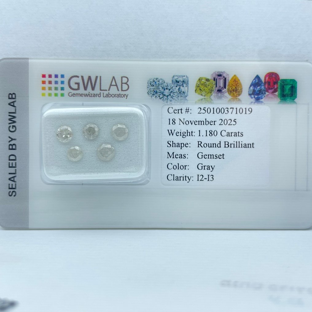 沒有保留價 - 5 pcs 鑽石  (天然彩色)  - 1.18 ct - 圓形 灰色 - I2, I3 - Gemewizard Gemological Laboratory (GWLab) #3.2