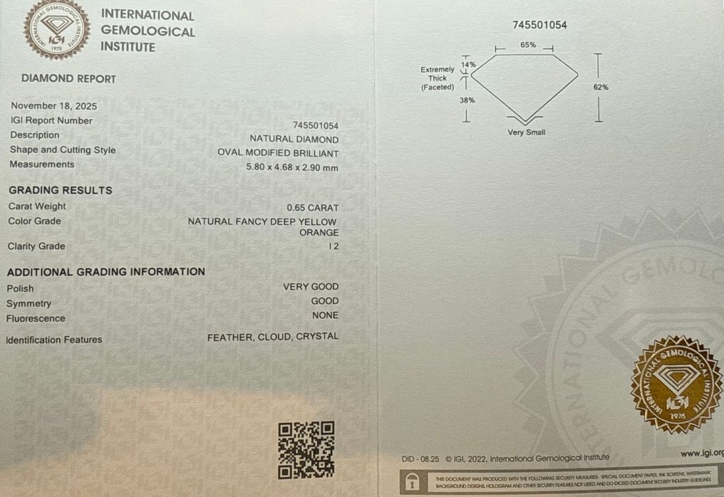 沒有保留價 - 1 pcs 鑽石  (天然彩色)  - 0.65 ct - 橢圓形 - Fancy deep 黃色 橙色 - I2 - 國際寶石學院（International Gemological Institute (IGI)） #2.1