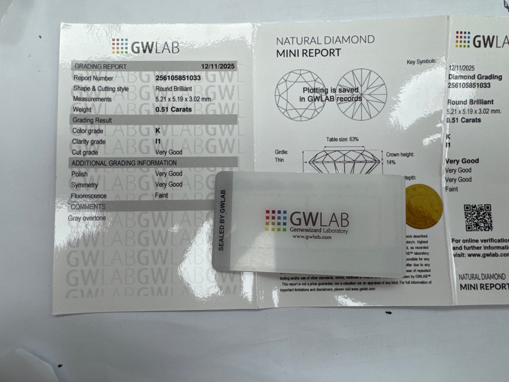 沒有保留價 - 1 pcs 鑽石  (天然)  - 0.51 ct - 圓形 - K(輕微黃色、從正面看是亮白的) - I1 - Gemewizard Gemological Laboratory (GWLab) #3.2