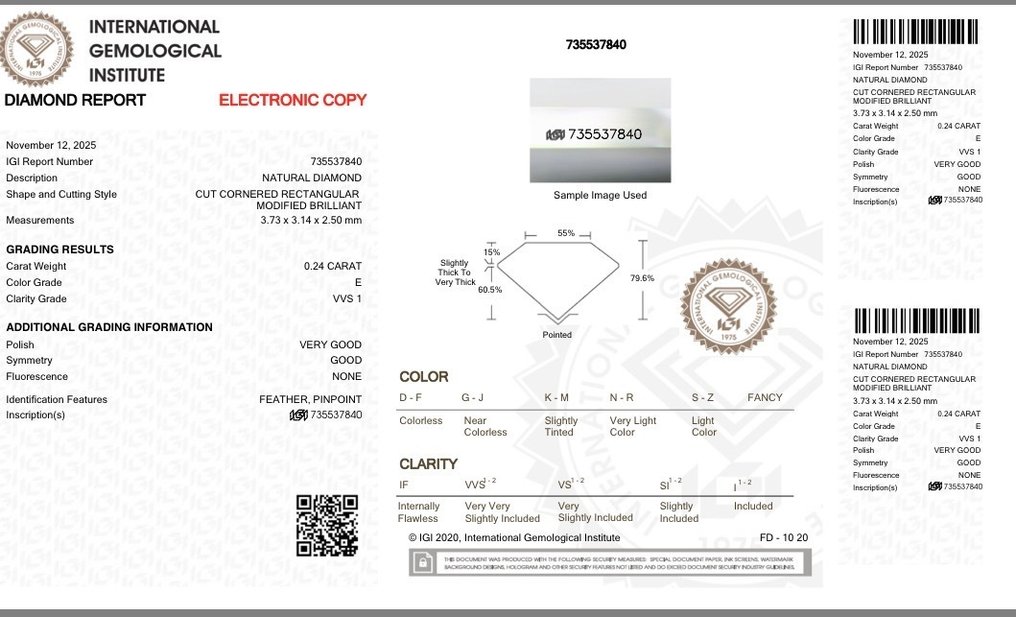 1 pcs 钻石  (天然)  - 0.24 ct - 雷地恩型 - E - VVS1 极轻微内含一级 - 国际宝石研究院（IGI） #2.1