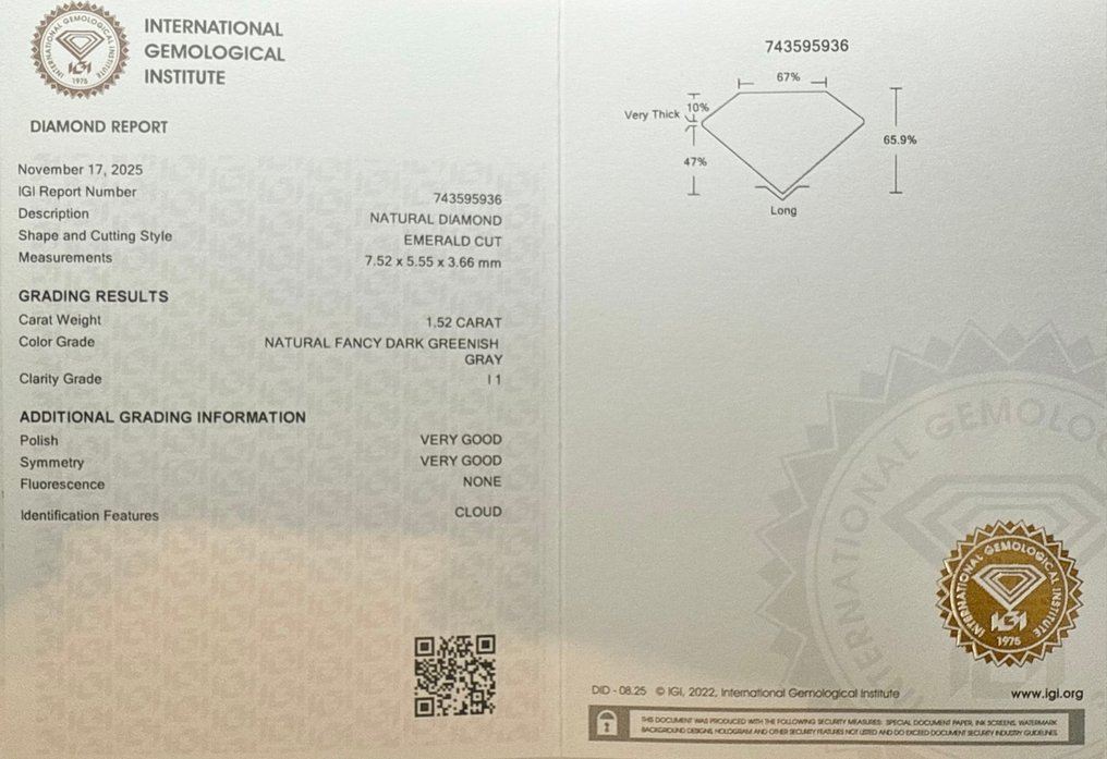 没有保留价 - 1 pcs 钻石  (天然色彩的)  - 1.52 ct - 祖母绿 - Fancy dark 稍帶綠色的 灰色 - I1 内含一级 - 国际宝石研究院（IGI） #2.1
