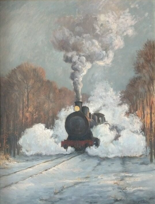Jan Scholten (1948-) - Stoomlocomotief door winters landschap #1.0