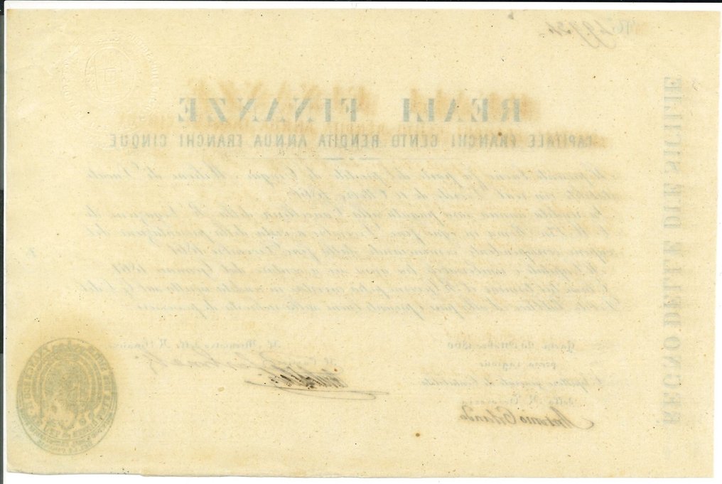 Italië. - 100 Francs 1860 - Regno delle Due Sicilie obbligazione Reali Finanze Re Francesco II e firma Carbonelli  (Zonder minimumprijs) #3.2