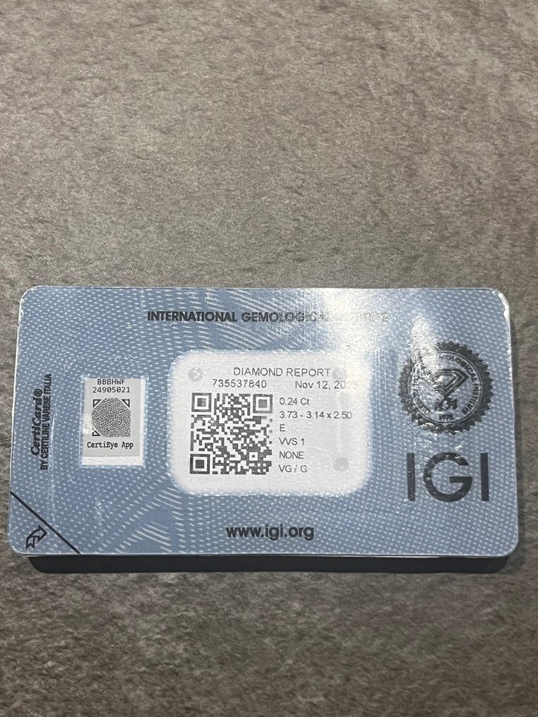 1 pcs 钻石  (天然)  - 0.24 ct - 雷地恩型 - E - VVS1 极轻微内含一级 - 国际宝石研究院（IGI） #1.0