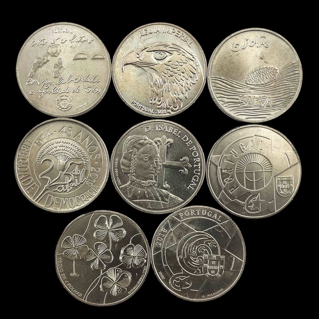 Portugali. 5 Euros 2015/2019, 8 x Circulating Commemorative Coins (Ei pohjahintaa) #1.0