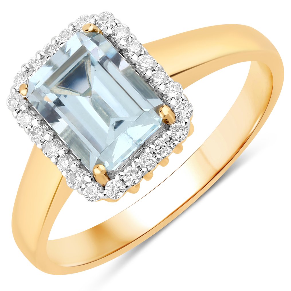 戒指 - 14K包金 黄金 -  1.73ct. tw. 海蓝宝石 - 钻石 #1.0