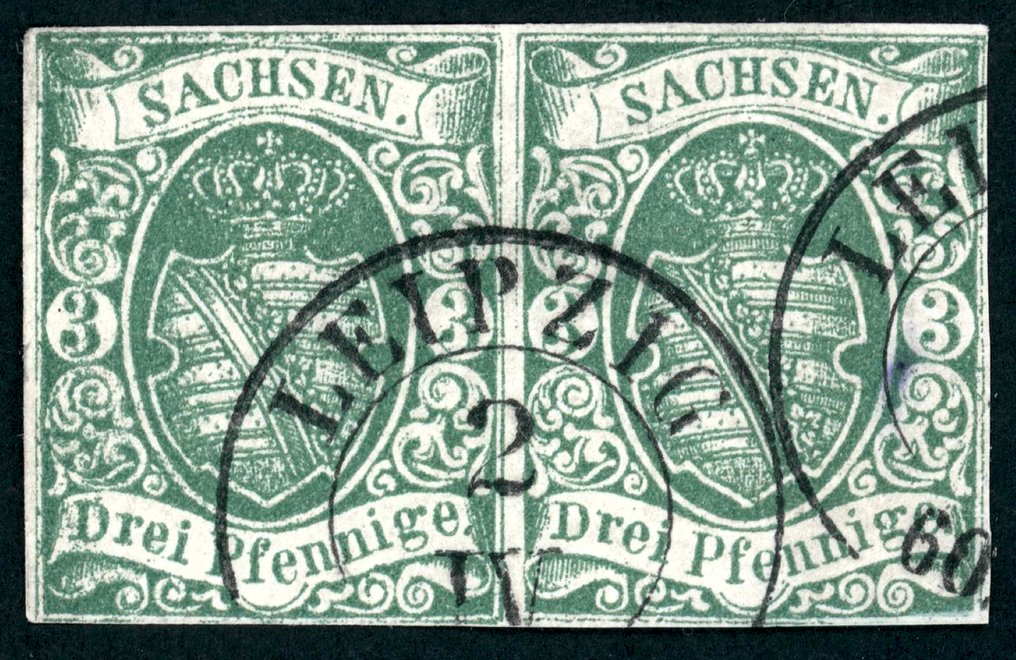 Saxony 1851 - Perfect pair of the 3 Pf green from Leipzig, faultless finding, Vaatz. - Paar Mi.Nr. 2 II b #1.0