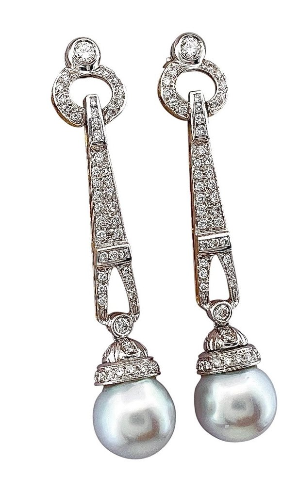 耳环 - 18K包金 黄金, 白金 钻石 (天然) - 珍珠 #3.2