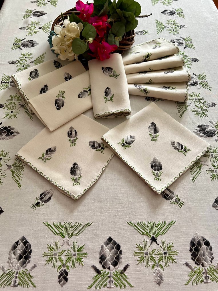 纯麻布桌布，配套的十个餐巾，手工制作。 - 桌布 (9)  - 230 cm - 165 cm #4.3