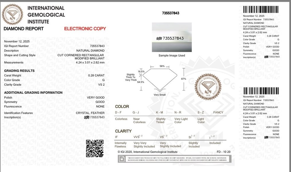 1 pcs 钻石  (天然)  - 0.28 ct - 雷地恩型 - G - VS1 轻微内含一级 - 意大利宝石学院（IGI） #2.1
