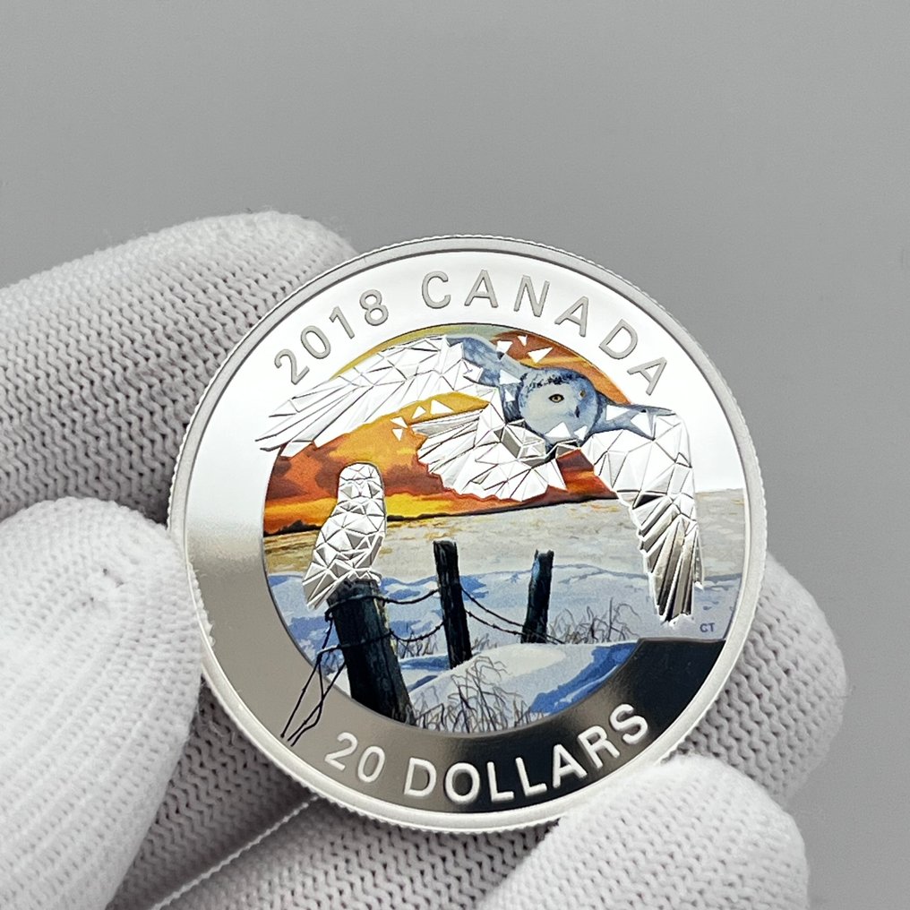 Καναδάς. 20 Dollars 2018 – Geometric Fauna – Snowy Owls – 1 oz Silver Coin – .9999 – Colorized – Proof #1.0
