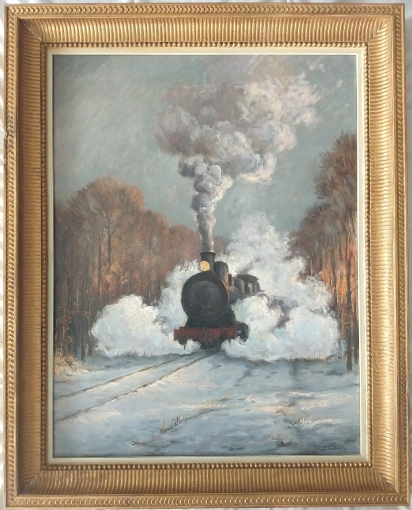 Jan Scholten (1948-) - Stoomlocomotief door winters landschap #1.0