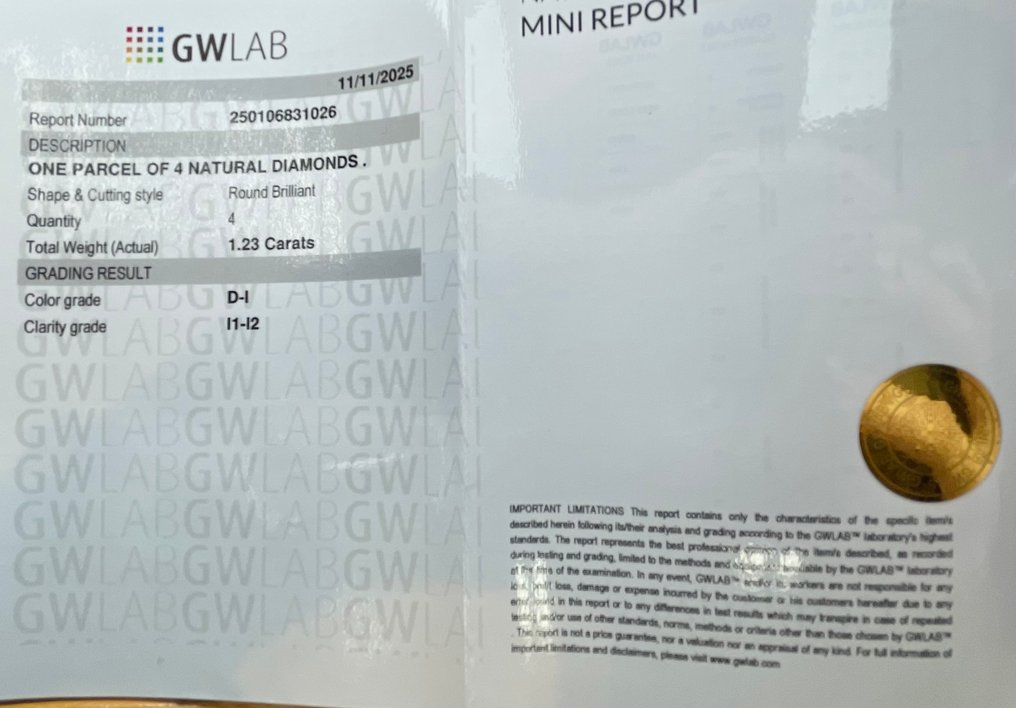 No Reserve Price - 4 pcs Diamond  (Natural)  - 1.23 ct - Round - D (colourless), E, F, G, H, I - I2, I1 - Gemewizard Gemological Laboratory (GWLab) #2.1