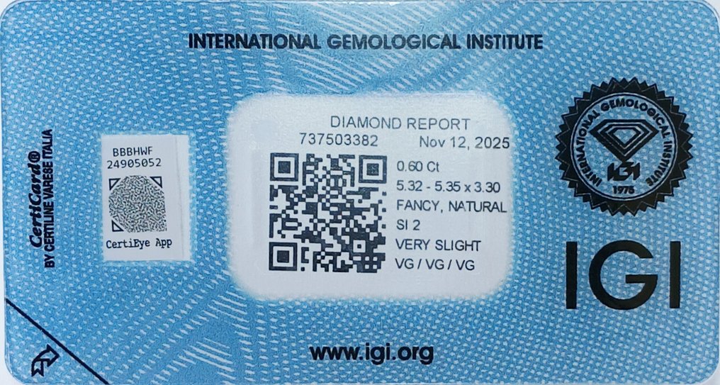 χωρίς τιμή ασφαλείας - 1 pcs Διαμάντι  (Φυσικού χρώματος)  - 0.60 ct - Στρογγυλό - Fancy Πρασινωπό, Κίτρινο - SI2 - International Gemological Institute (IGI) #3.2