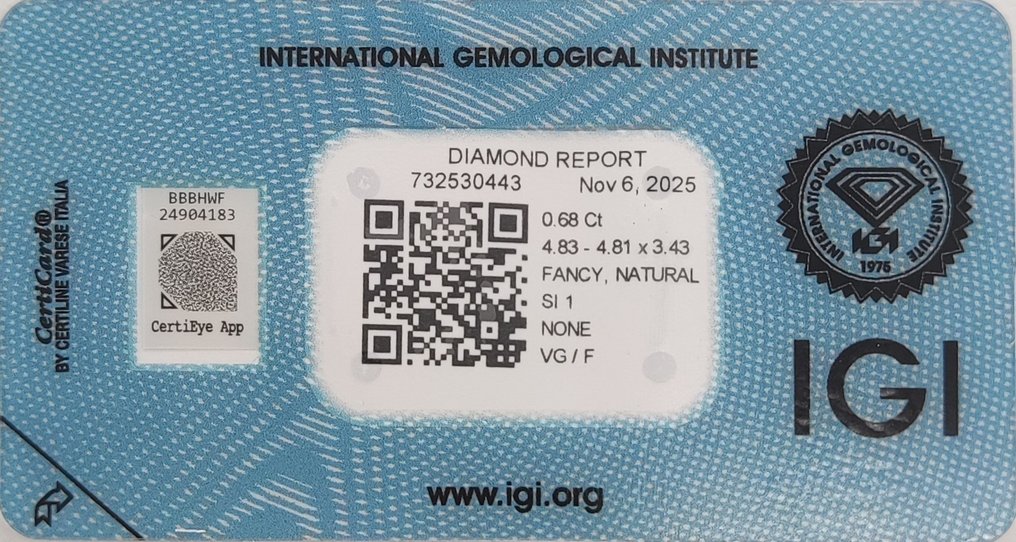 No reserve price - 1 pcs Diamond (Natural coloured) - 0.68 ct - Cushion - Fancy deep Yellow Orange - SI1 - International Gemological Institute (IGI) #2.1