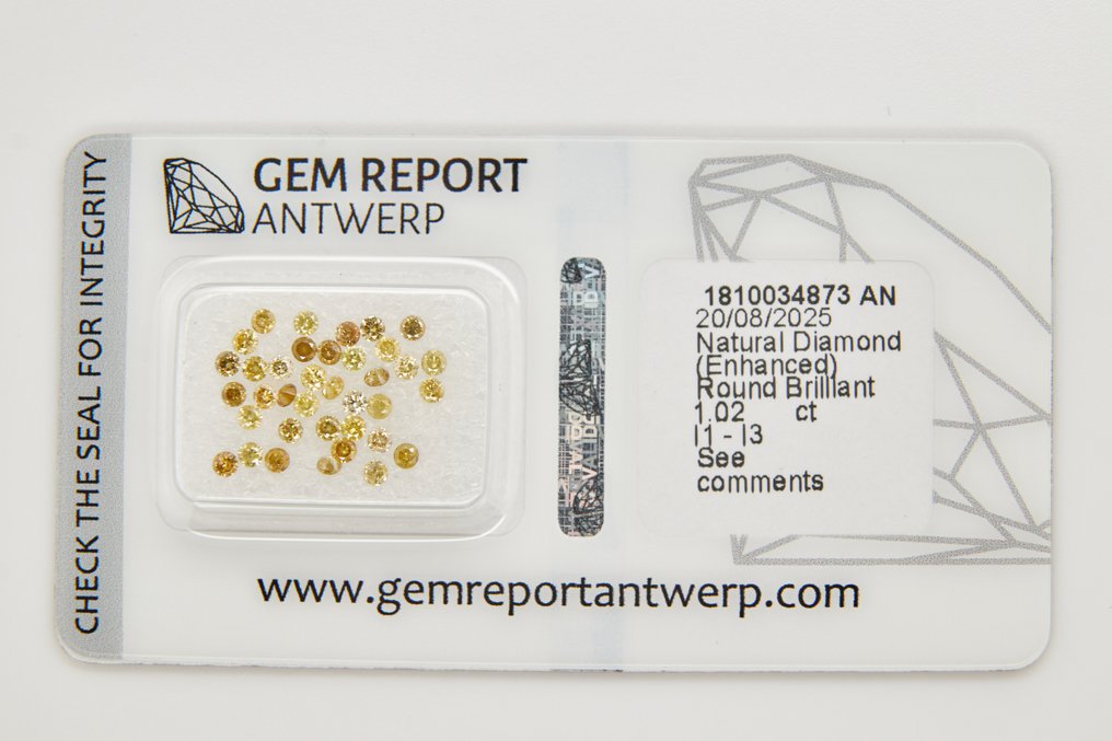 Senza Prezzo di Riserva - 38 pcs Diamante  (Con trattamento colore)  - 1.02 ct - Rotondo - I1, I2, I3 - Gem Report Antwerp (GRA) #1.0