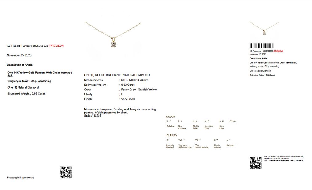 Sem preço de reserva - Colar com pingente - 14 K Ouro amarelo -  0.83ct. tw. Diamante (Colorido natural) - IGI #2.1
