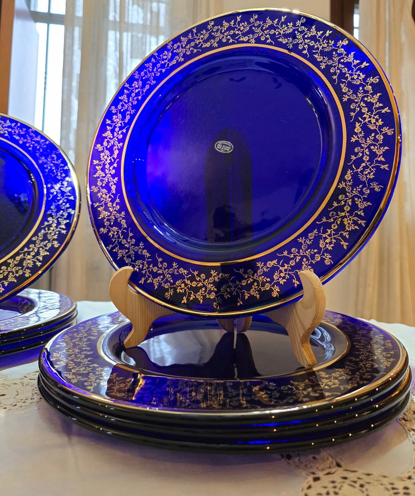 Forcace Muranese Italy. - Table service for 12 (12) - Cobalt blue - Crystal - 12 plates in pure gold #2.1