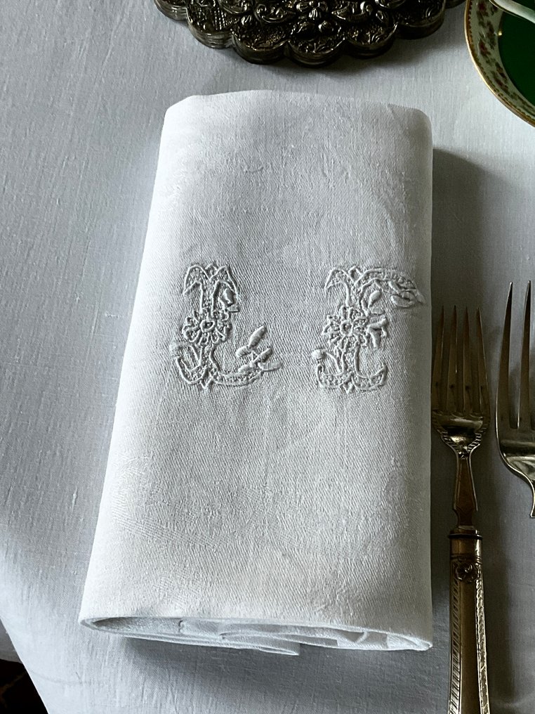 6 tovaglioli di lino damascato dell'inizio del XX secolo con iniziali L.F. - Tovagliolo - 63 cm - 80 cm #4.3