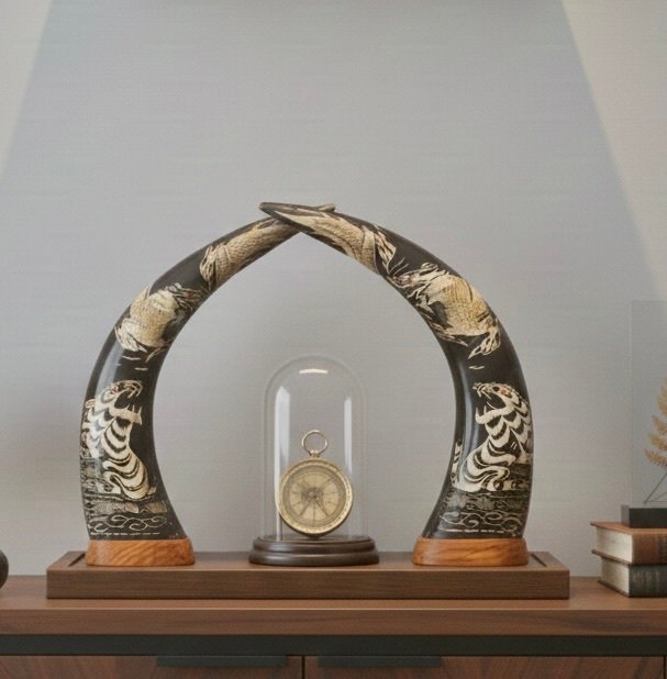 Γλυπτό, Pair of Carved Buffalo Horns - 39 cm - Κέρατα Βούβαλου #1.0