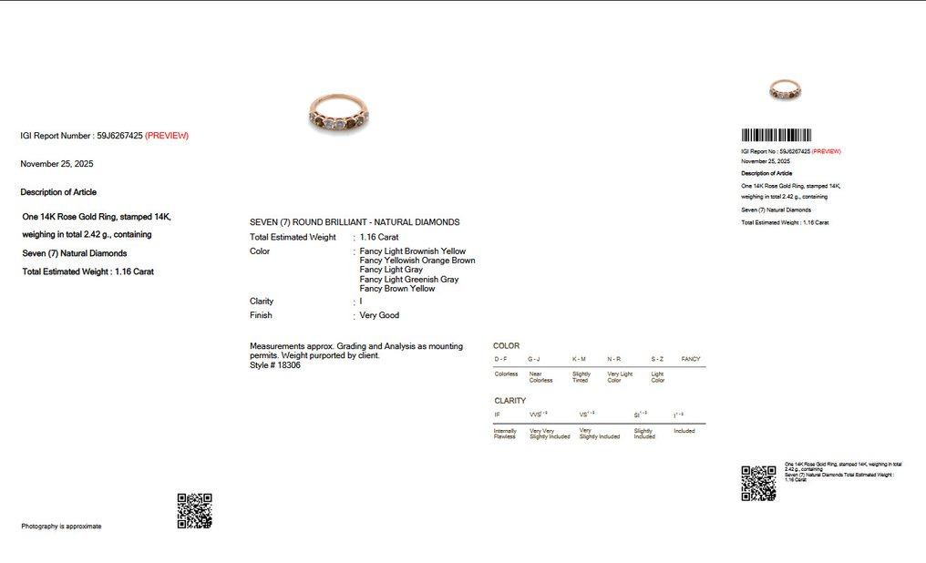 Nincs minimálár - Gyűrű - 14 kt. Rózsa arany - 1.16ct. tw. Gyémánt (Természetes színű) - IGI #2.1