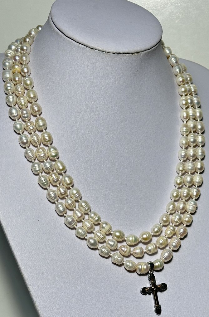 Ferskvannsperler og kristne kors. Høy kvalitet. Beskyttelse av alle helgener. - Halskjede med anheng - Høy kvalitet. #4.3