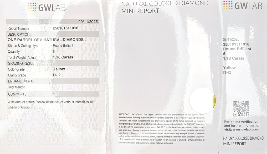 Sans prix de réserve - 6 pcs Diamant (Traitement de couleur) - 1.18 ct - Rond Jaune - I1, I2 - Gemewizard Gemological Laboratory (GWLab) #1.0