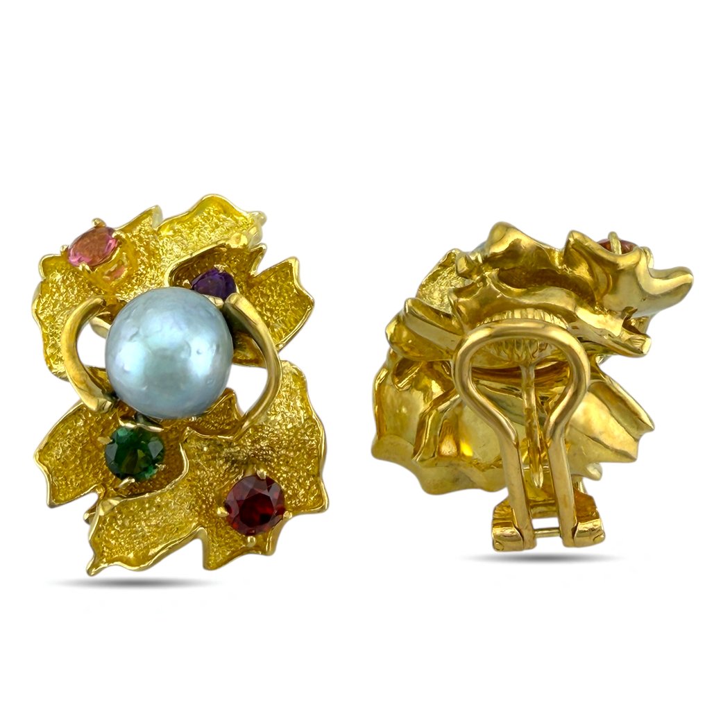 耳環 - 18 克拉 黃金, 独家18K黄金多宝石与珍珠耳环 #4.3