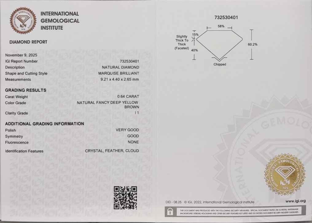 Sans Prix de Réserve - 1 pcs Diamant  (Couleur naturelle)  - 0.64 ct - Marquise - Fancy deep Jaune Brun - I1 - International Gemological Institute (IGI) #4.3