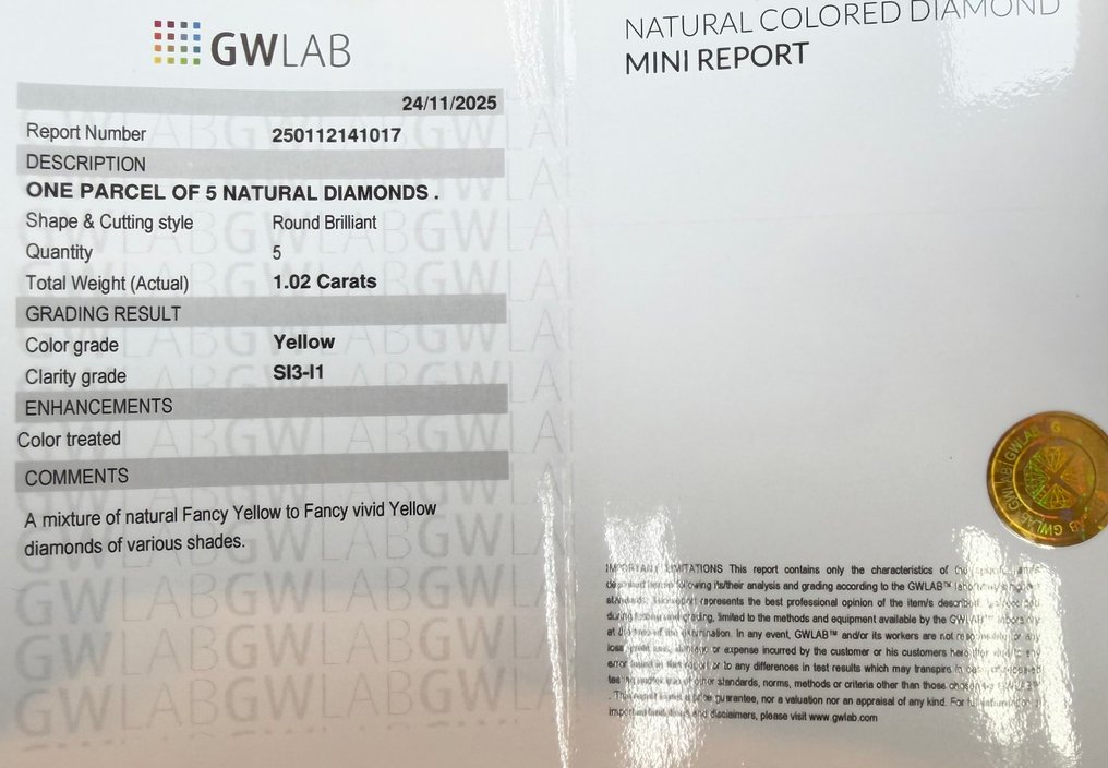 Ingen reservasjonspris - 5 pcs Diamant (Fargebehandlet) - 1.02 ct - Rund Gul - SI3, I1 - Gemewizard Gemologisk laboratorium (GWLab) #2.1
