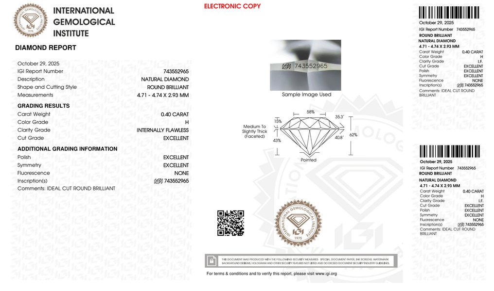 Nincs minimálár - 1 pcs Gyémánt  (Természetes)  - 0.40 ct - Kerek - H - IF - Nemzetközi Gemmológiai Intézet (IGI) - *3EX None* #2.1