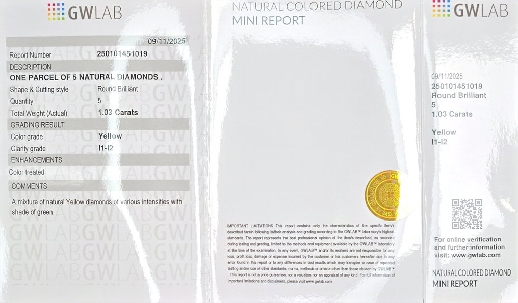 沒有保留價 - 5 pcs 鑽石 (天然彩色) - 1.03 ct - 圓形 黃色 - I1 - Gemewizard Gemological Laboratory (GWLab) #1.0