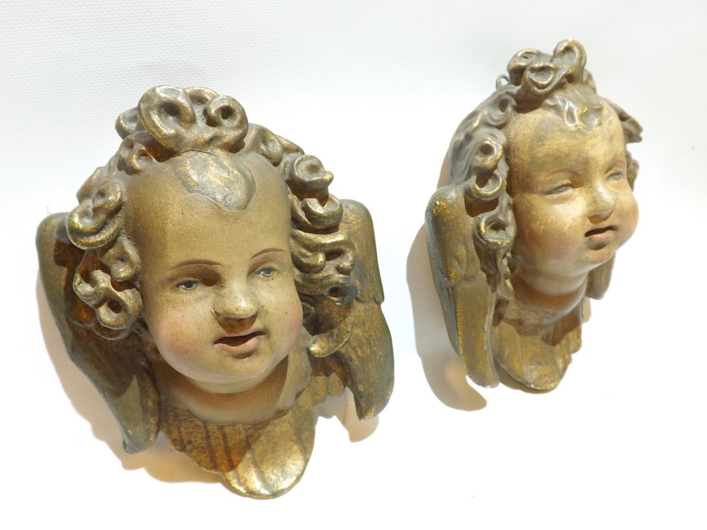 雕塑, Beautiful matching pair of antique cherub heads - 17 cm - 石膏 #4.3