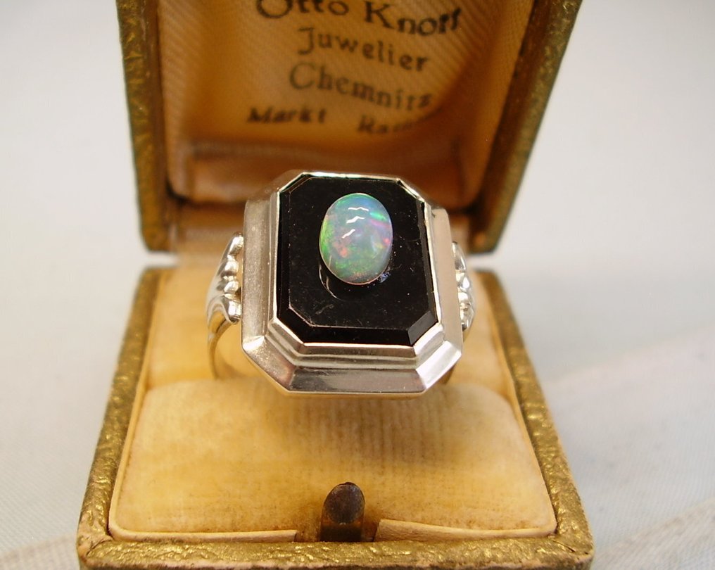 Nincs minimálár - Gyűrű Ezüst -  7.50ct. tw. Ónix - Opál - Ékszerész munka körülbelül 1920-ból #2.1