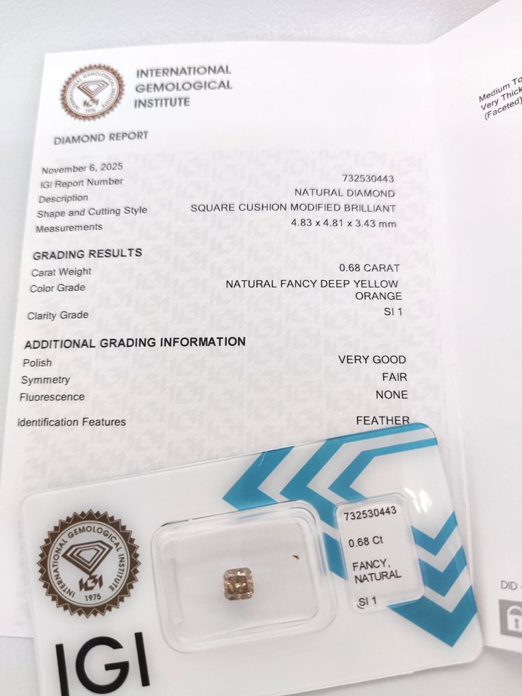No reserve price - 1 pcs Diamond (Natural coloured) - 0.68 ct - Cushion - Fancy deep Yellow Orange - SI1 - International Gemological Institute (IGI) #3.2