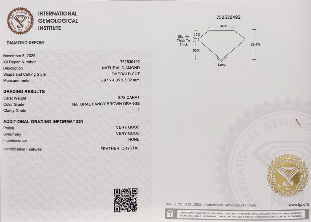 没有保留价 - 1 pcs 钻石 (天然色彩的) - 0.78 ct - 祖母绿 - Fancy 棕色 橙色 - I1 内含一级 - 国际宝石研究院(IGI) #4.3