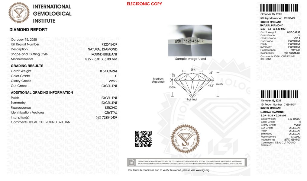 No Reserve Price - 1 pcs Diamond (Natural) - 0.57 ct - Round - H - VVS2 - International Gemological Institute (IGI) - *3EX* #1.0