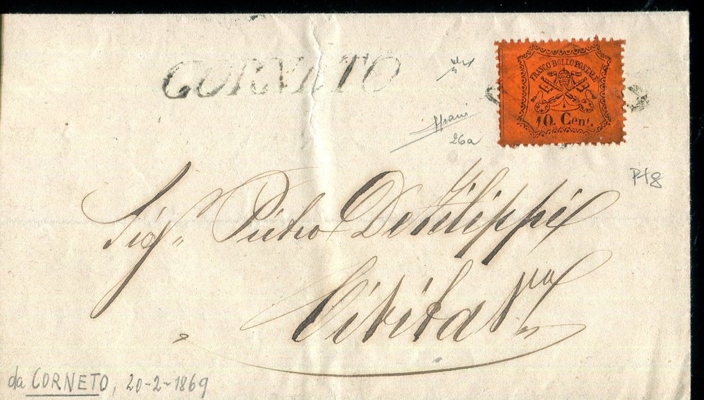 意大利古國－教宗國 1868 - 第3次作废“Corneto”点数8。 - Sassone 26a. #1.0