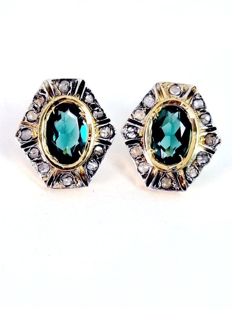 Ingen mindstepris - Øreringe - 9 kt. Sølv, Rosaguld Smaragd - Diamant #1.0