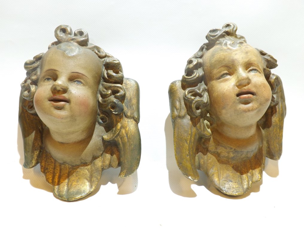 雕塑, Beautiful matching pair of antique cherub heads - 17 cm - 石膏 #2.1
