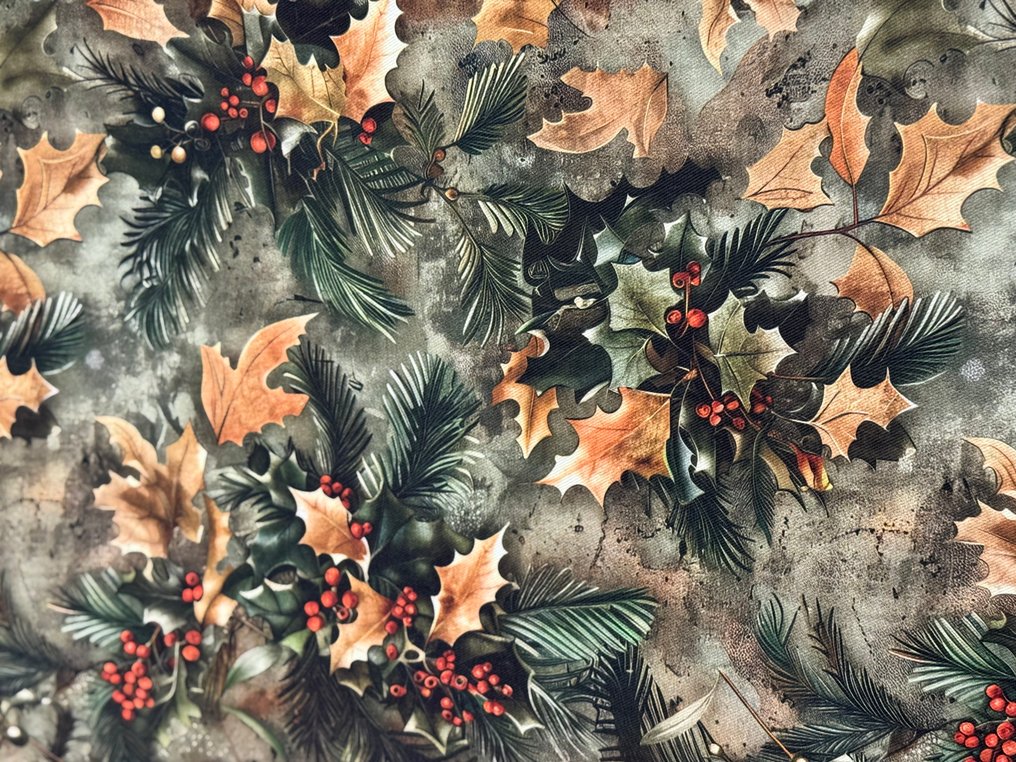 Christmas fabric for decoration - three-dimensional effect of holly with red berries. - Textile - 3.2 cm - 2 m #1.0