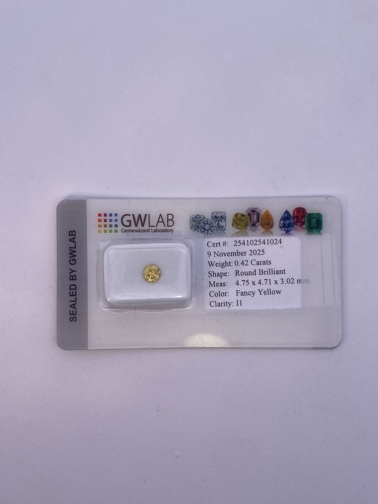 没有保留价 - 1 pcs 钻石 (经彩色处理) - 0.42 ct - 圆形 - Fancy 黄色 黄色 - I1 内含一级 - Gemewizard宝石实验室(GWLab) #1.0
