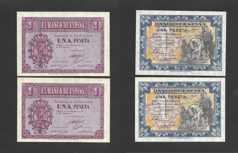 Spagna. - 4 x 1 peseta 1937 and 1940 - Pick 104 and 121 - both consecutive #1.0