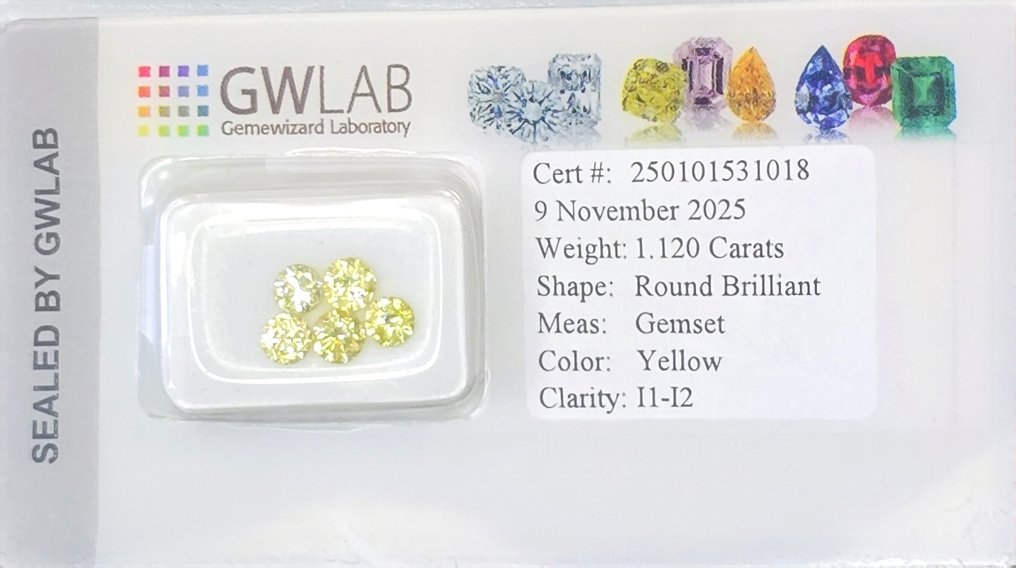 No reserve price - 5 pcs Diamond (Natural coloured) - 1.12 ct - Round Yellow - I1, I2 - Gemewizard Gemological Laboratory (GWLab) #1.0