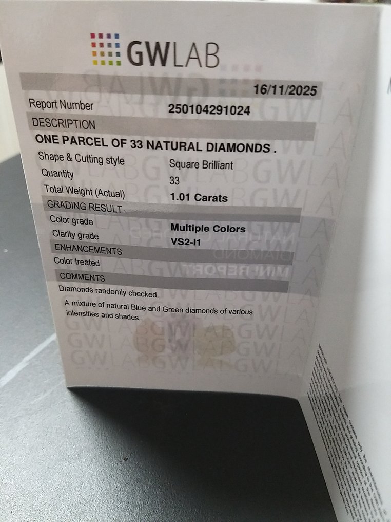 Ingen reservasjonspris - 33 pcs Diamant (Fargebehandlet) - 1.01 ct - Firkant Blå, Grønn - VS2, I1 - Gemewizard Gemologisk laboratorium (GWLab) #3.2
